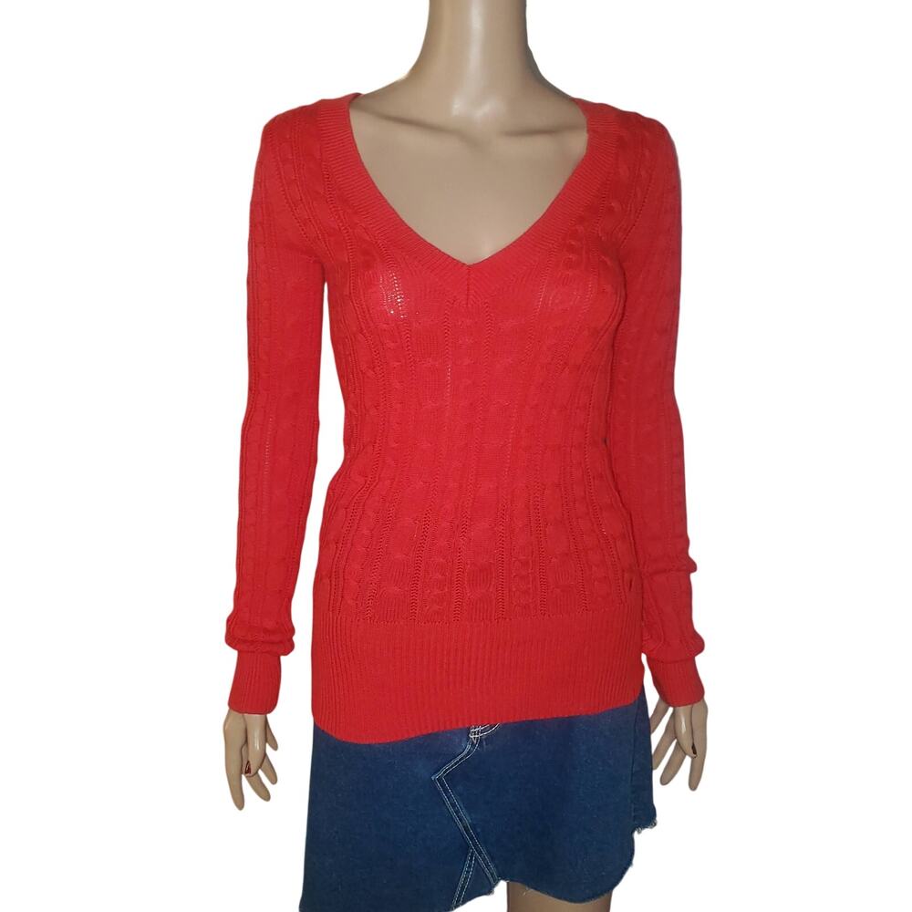 American Eagle XS Red Cable Open Knit V-Neck Sweater LS Fitted Y2K Bella Swan